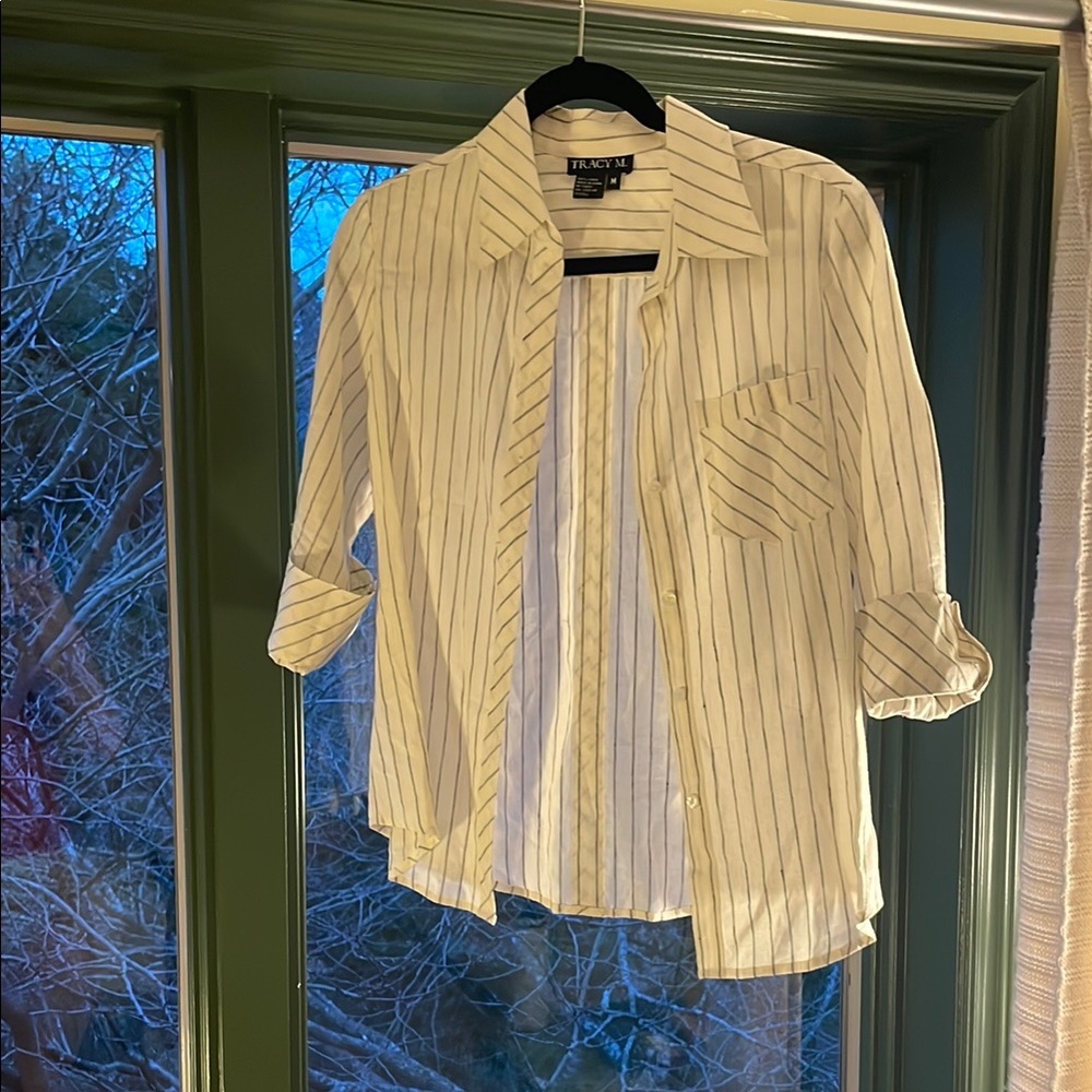 White and Black Striped Button-Up Shirt